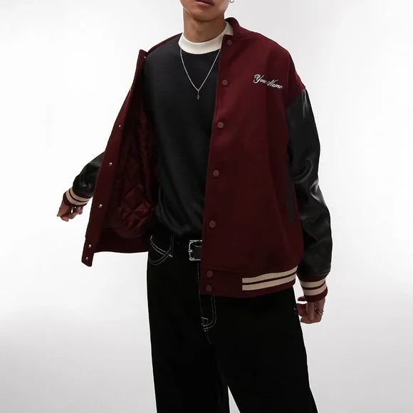Top Man Burgundy Bomber Varsity Jacket - Picture 10 of 15